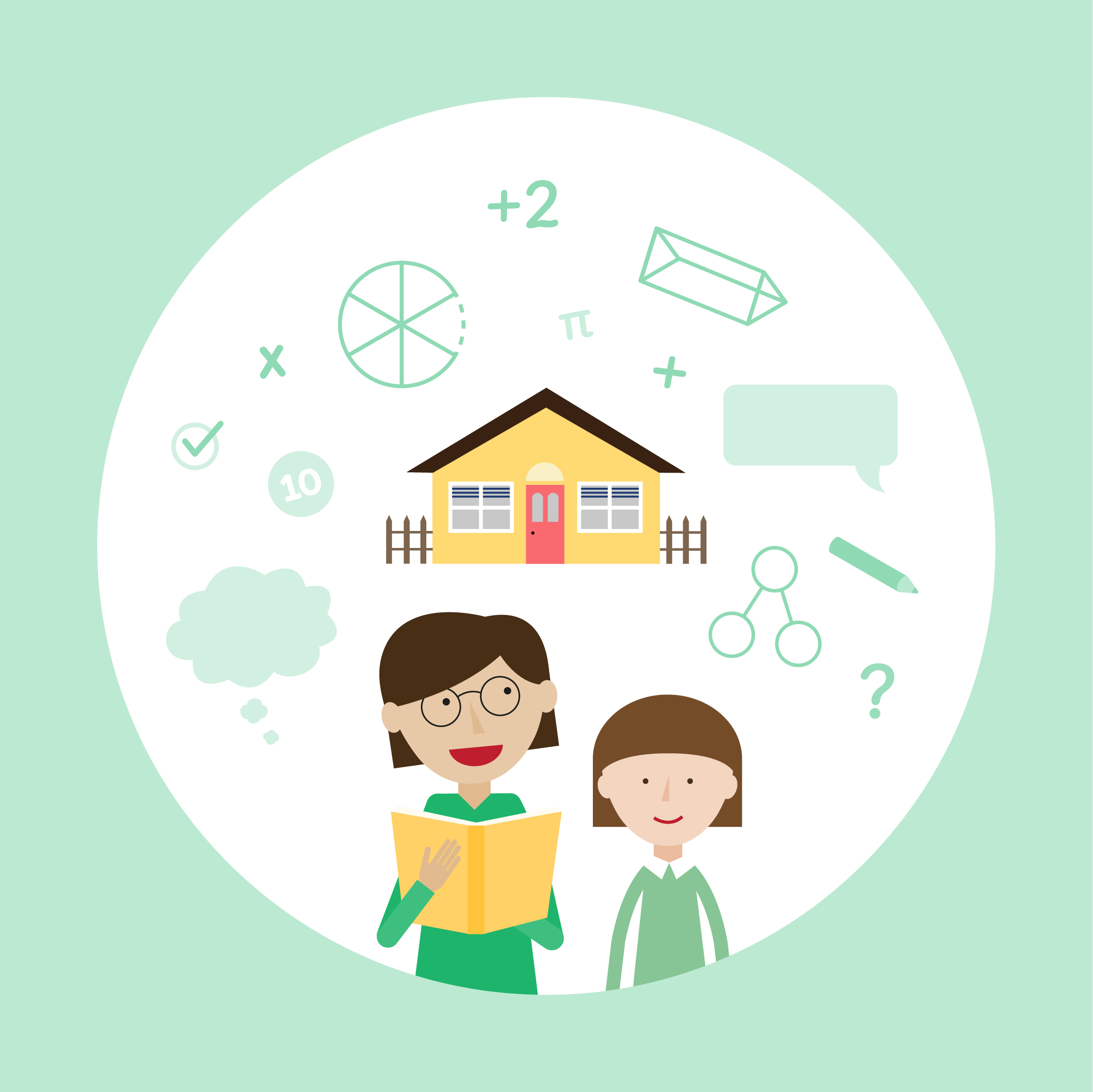 Maths Mastery program illustration of parent with child learning math with symbols and home